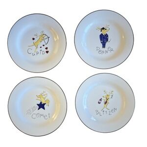 Lot of 4‎ Pottery Barn Reindeer Salad Plates Cupid Donner Blitzen Comet